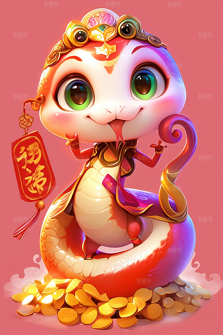 蛇年年画过年手绘插画