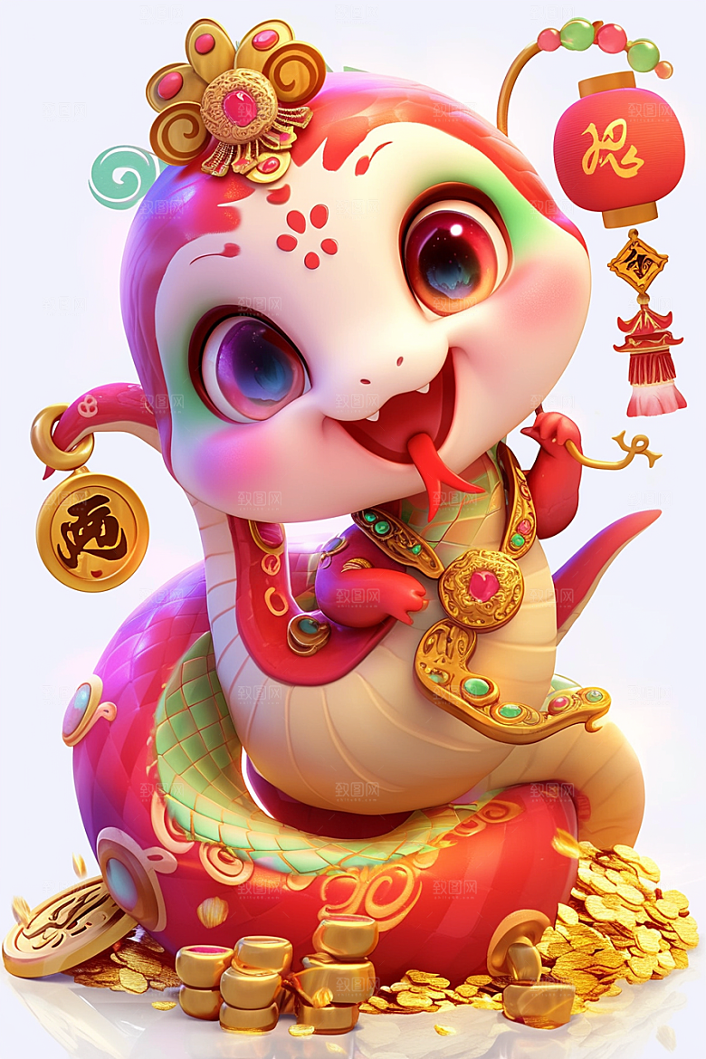 蛇年年画二十四生肖手绘插画