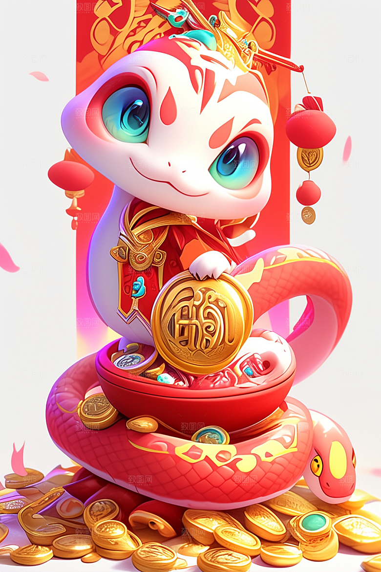 蛇年年画新春卡通插画