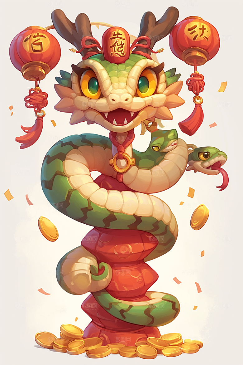 蛇年年画卡通手绘插画