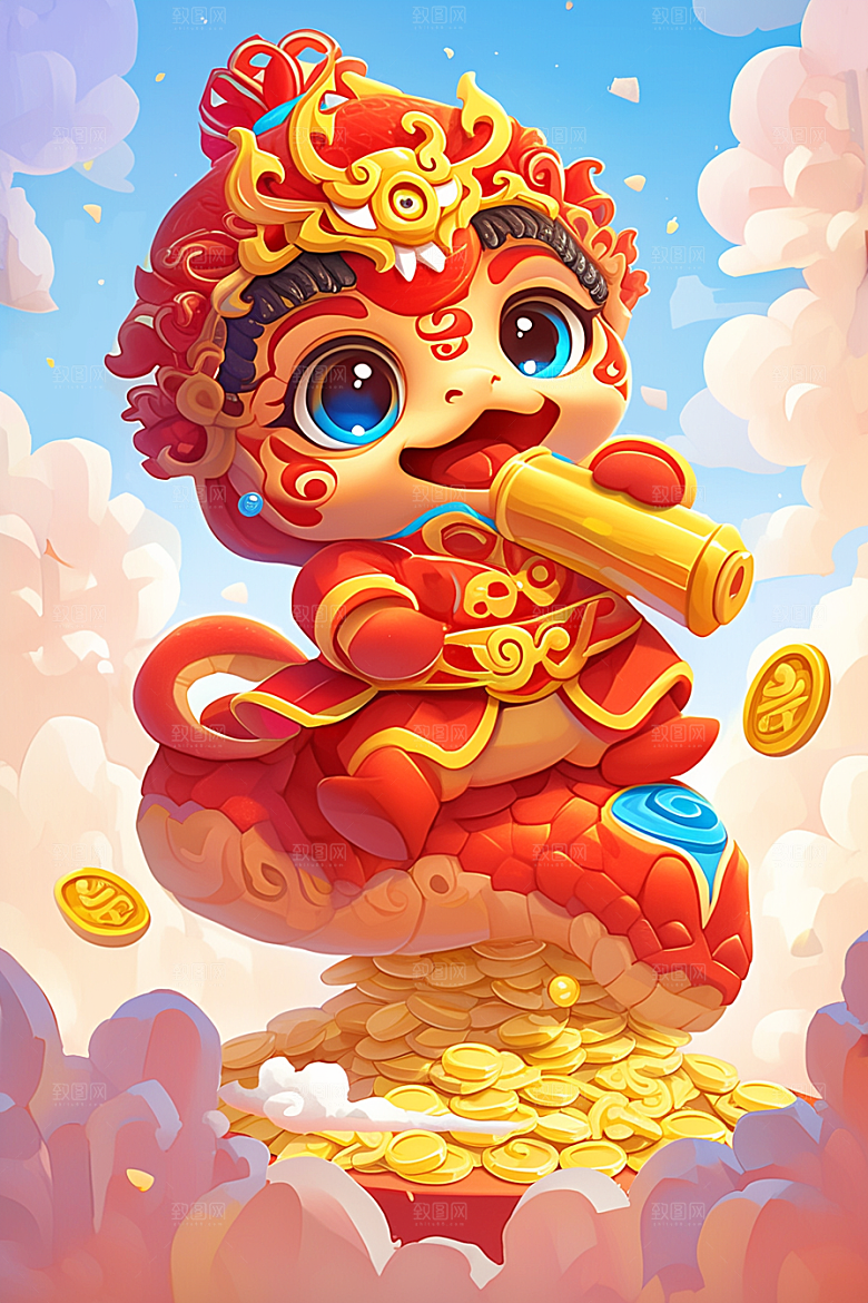 蛇年年画拟人卡通插画