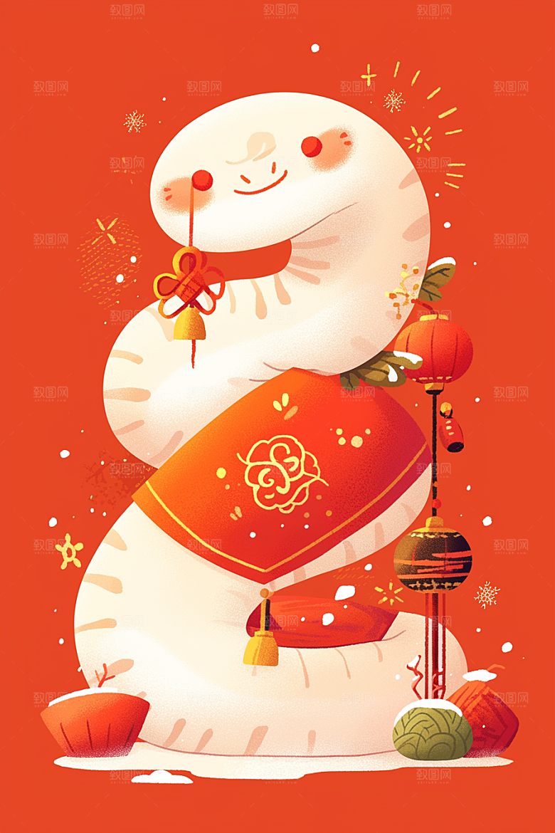 蛇年年画新年生肖蛇插画