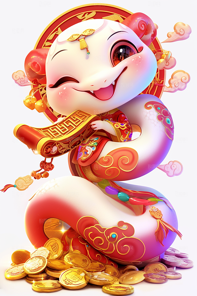 蛇年年画红色过年插画
