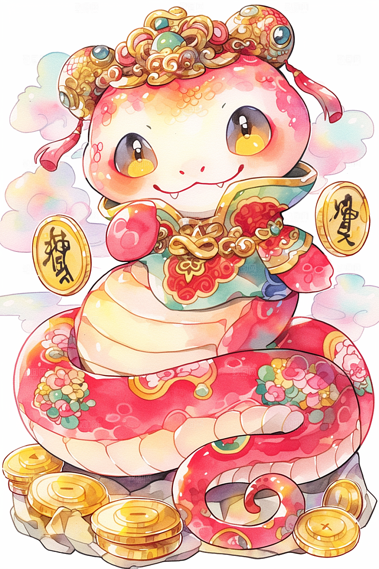 蛇年年画春节拟人插画