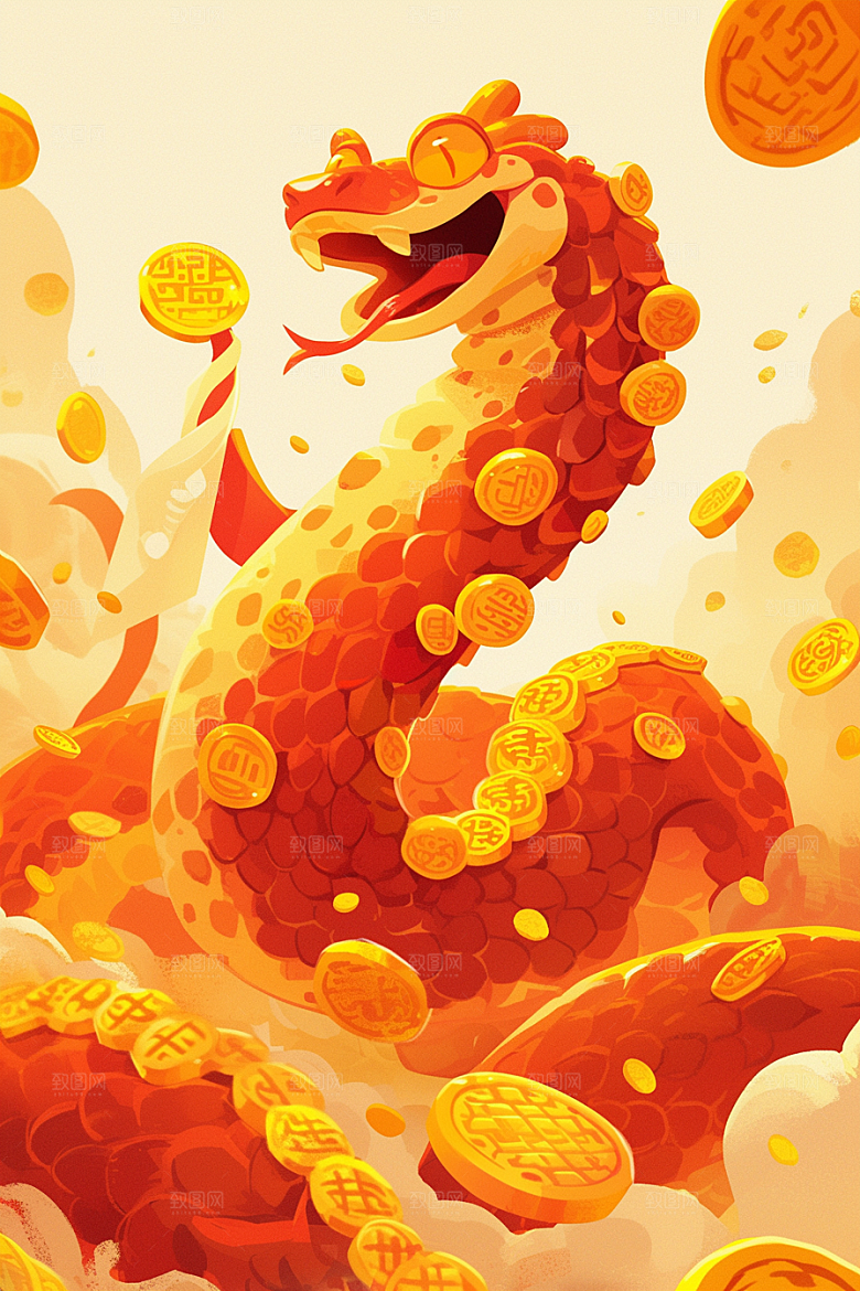 蛇年年画过年生肖蛇插画