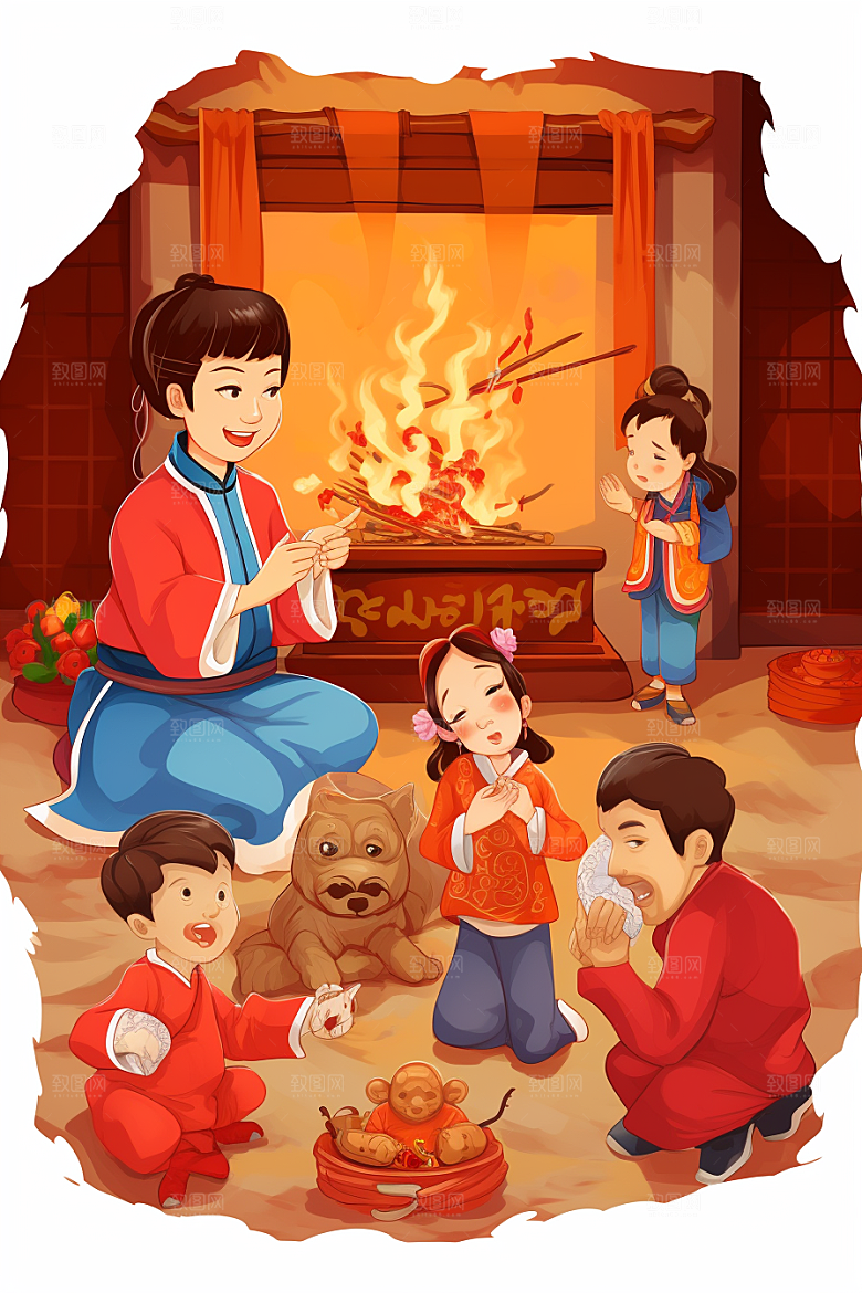 新春迎灶王小年新年插画