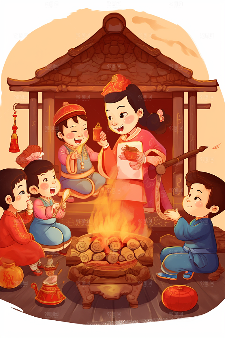 新春迎灶王民俗手绘插画