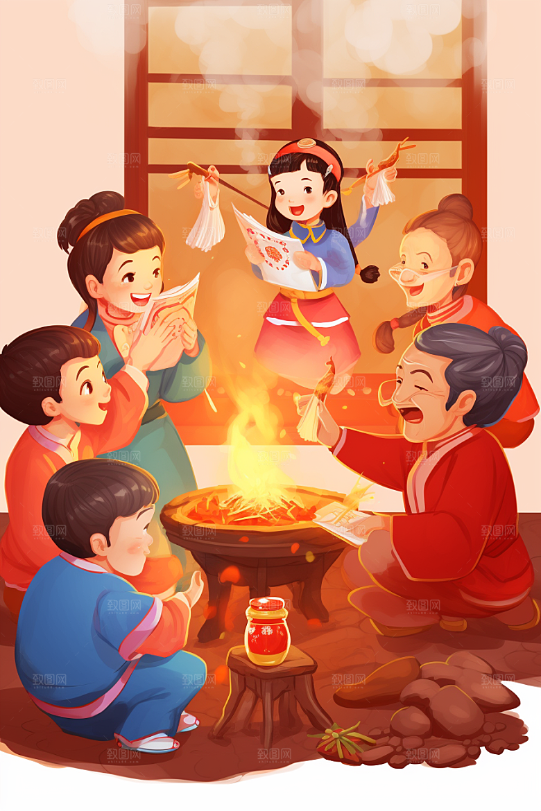 新春迎灶王民俗喜庆插画