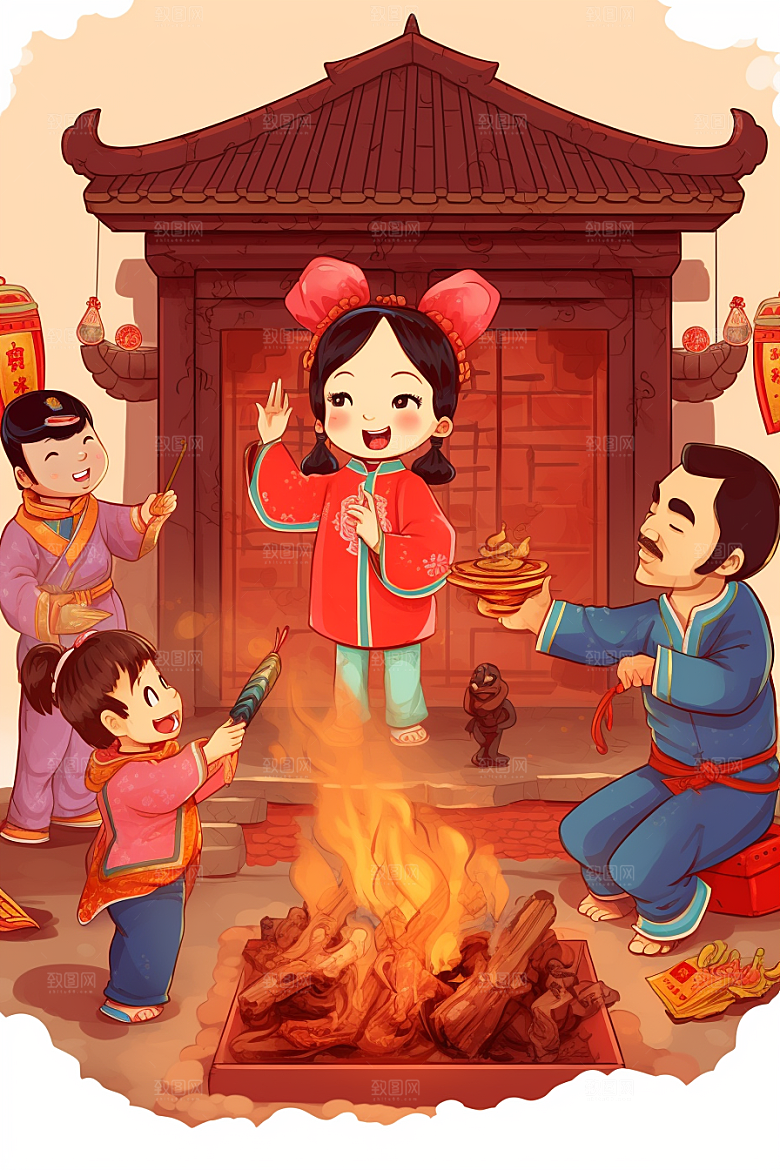 新春迎灶王喜庆手绘插画