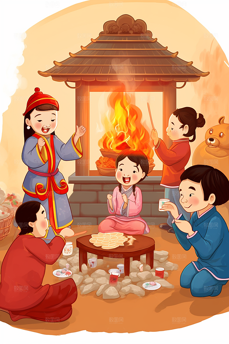 新春迎灶王喜庆春节插画