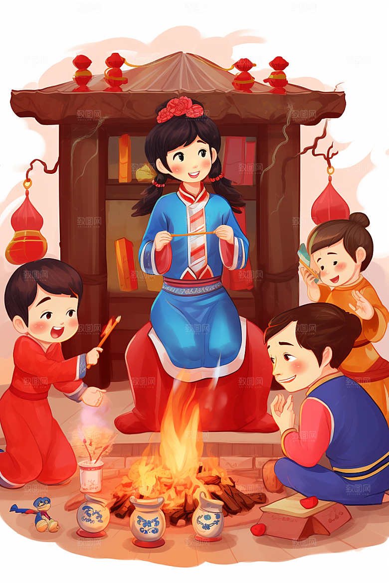 新春迎灶王手绘中国风插画