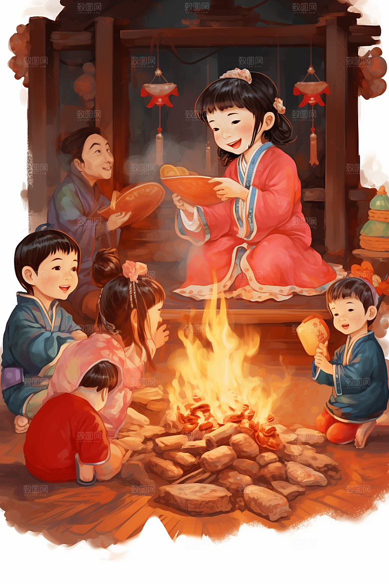 新春迎灶王喜庆传统插画