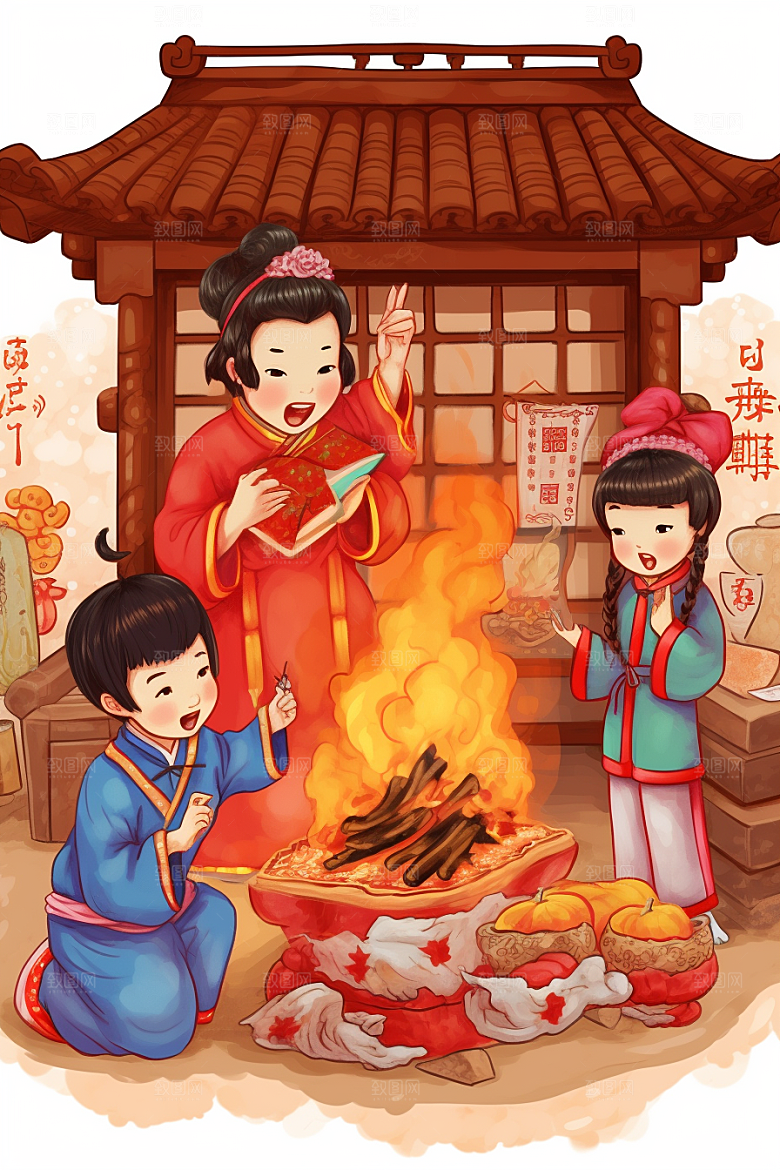 新春迎灶王喜庆春节插画