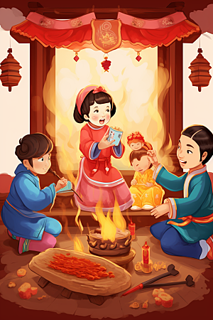 新春迎灶王传统中国风插画