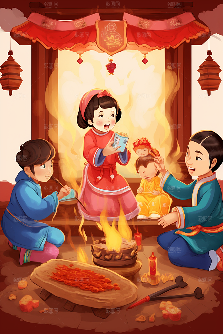 新春迎灶王传统中国风插画