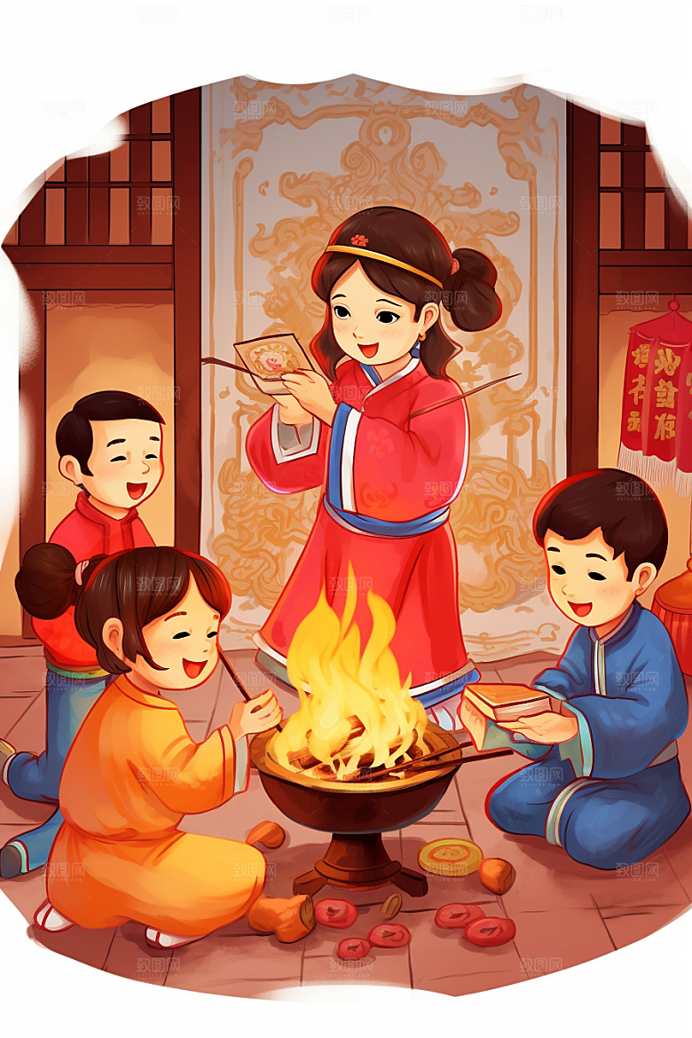 新春迎灶王喜庆传统插画