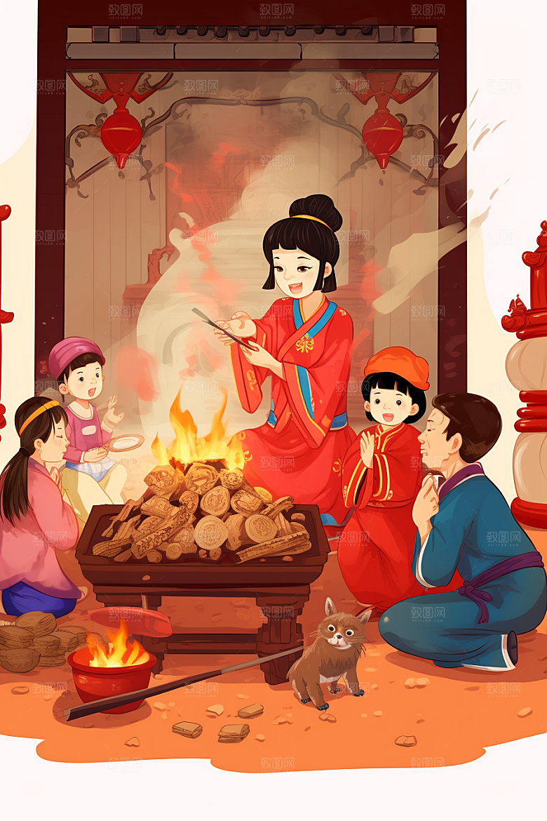 新春迎灶王红色新年插画