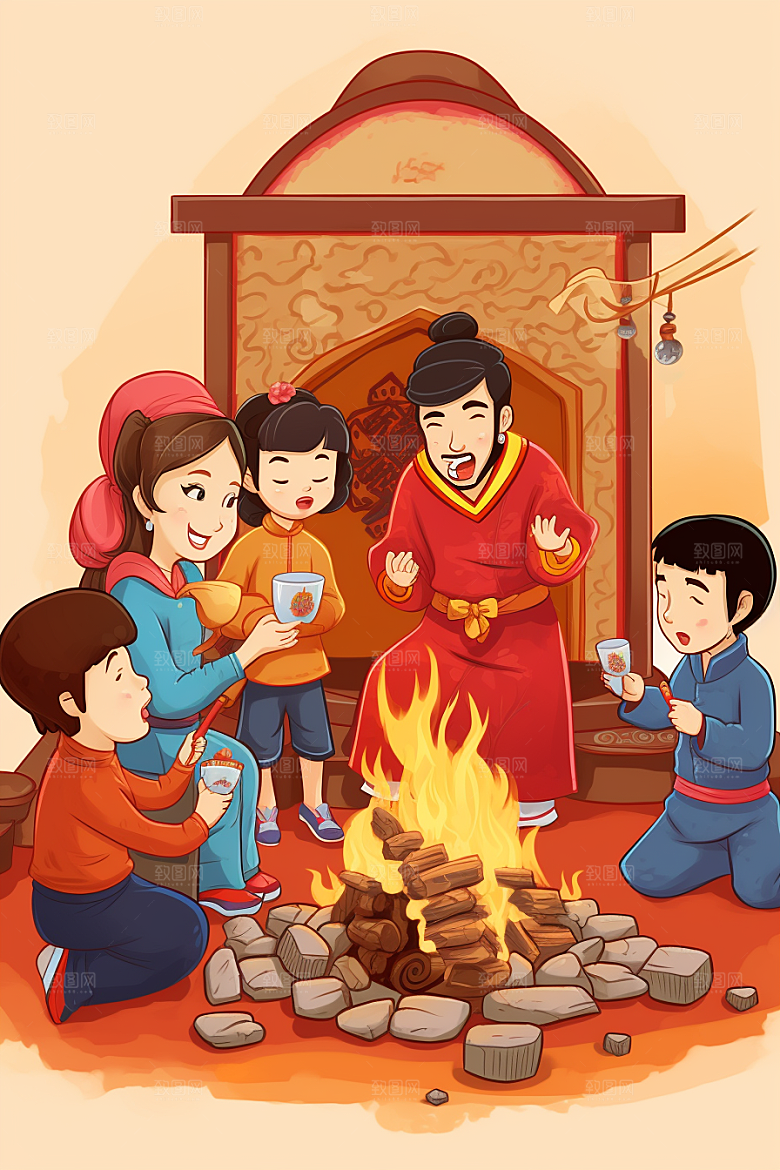 新春迎灶王喜庆春节插画