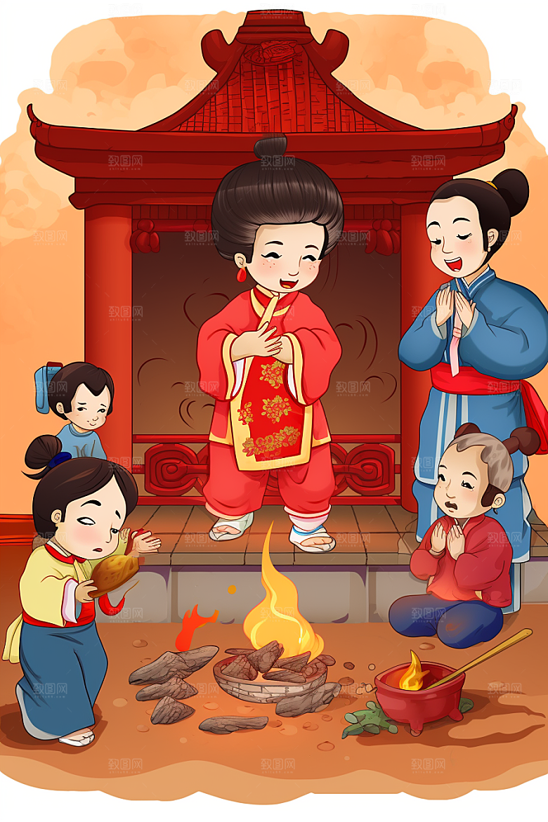 新春迎灶王小年喜庆插画