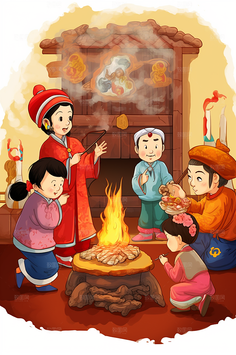 新春迎灶王新年春节插画