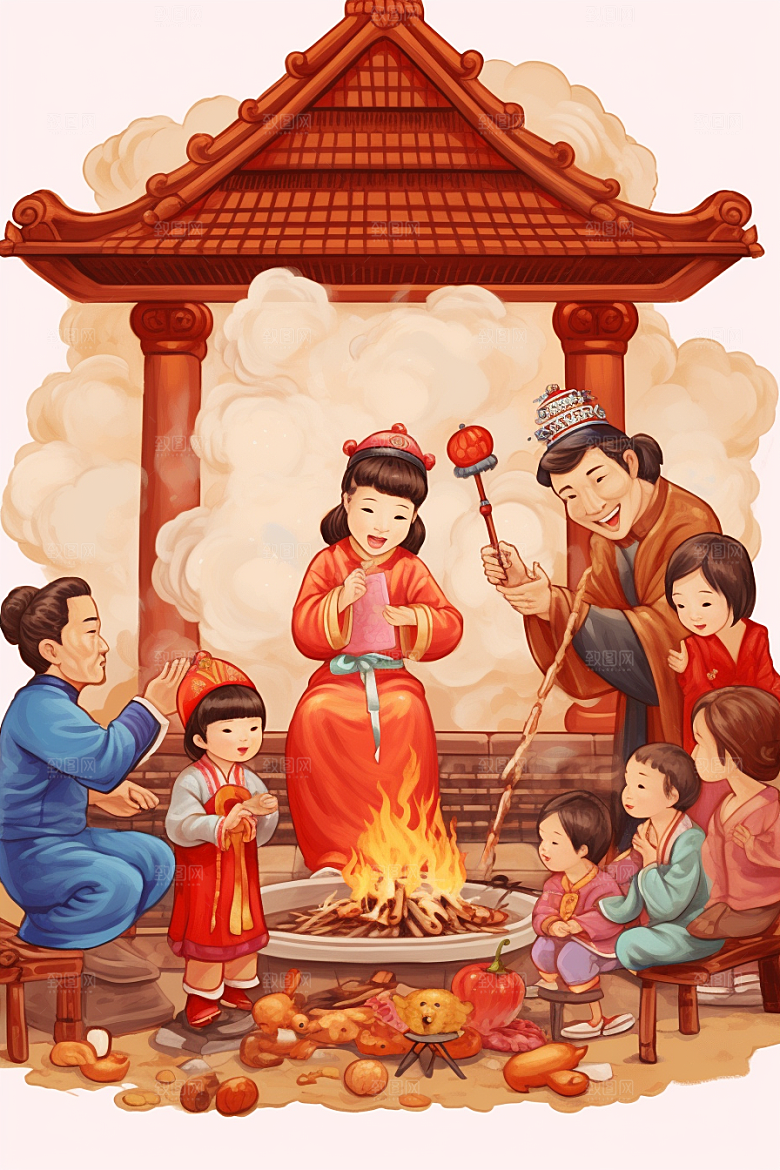 新春迎灶王民俗中国风插画