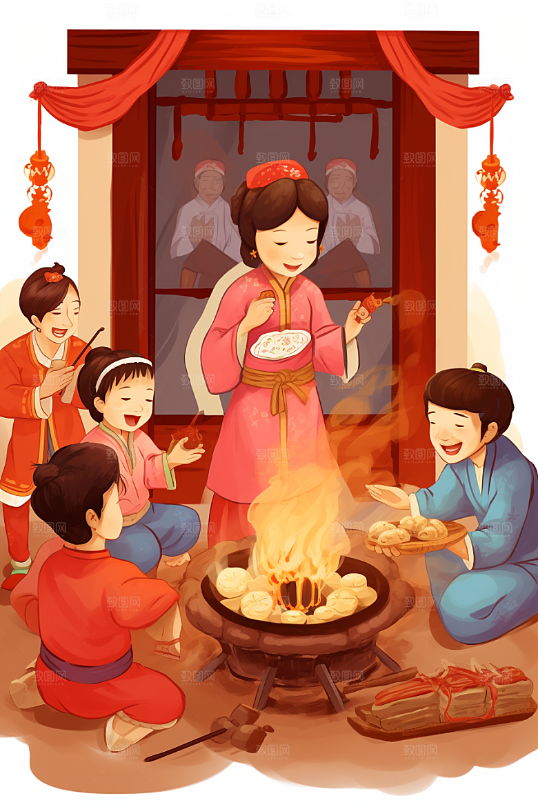 新春迎灶王新年手绘插画