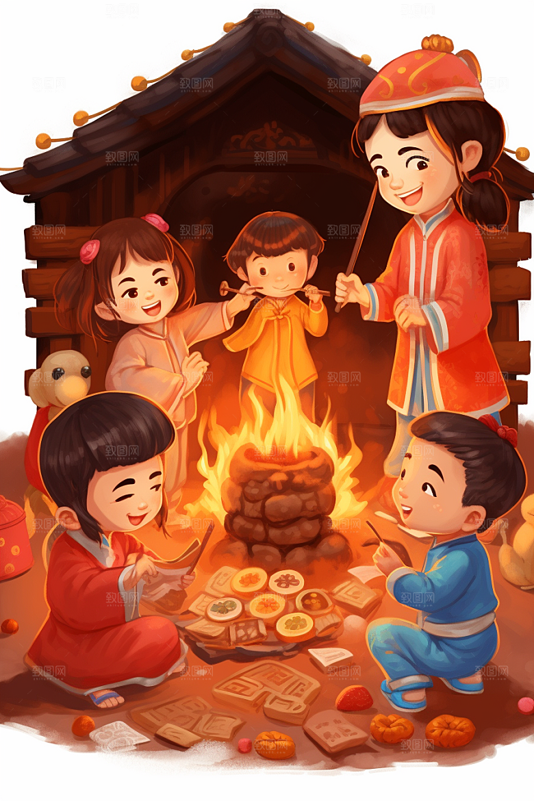 新春迎灶王喜庆新年插画