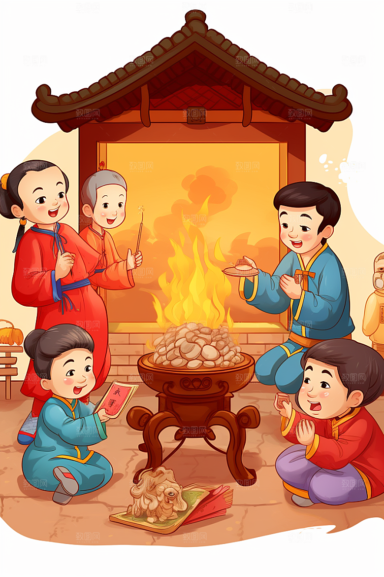 新春迎灶王小年传统插画