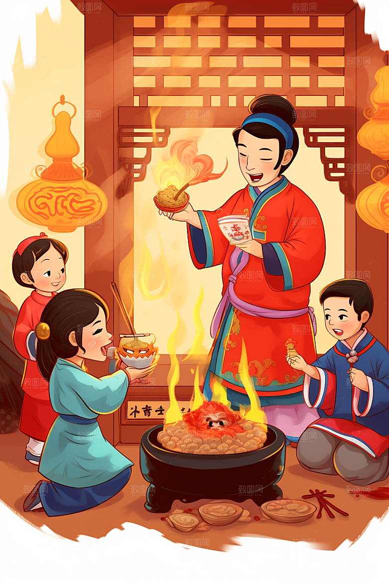 新春迎灶王新年红色插画