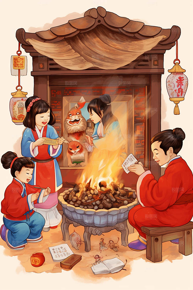 新春迎灶王传统喜庆插画