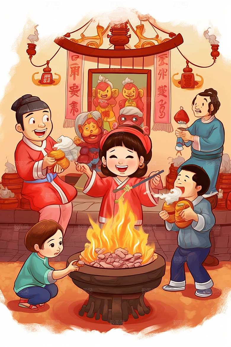 新春迎灶王春节手绘插画