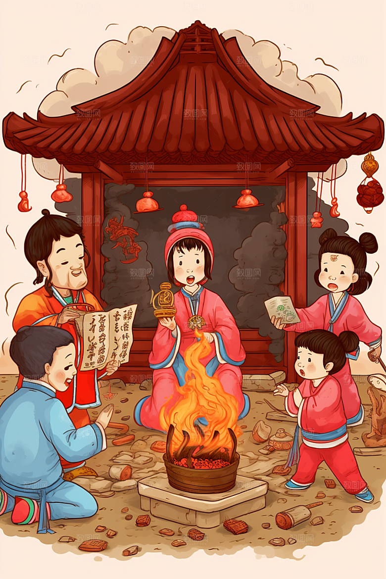 新春迎灶王红色民俗插画