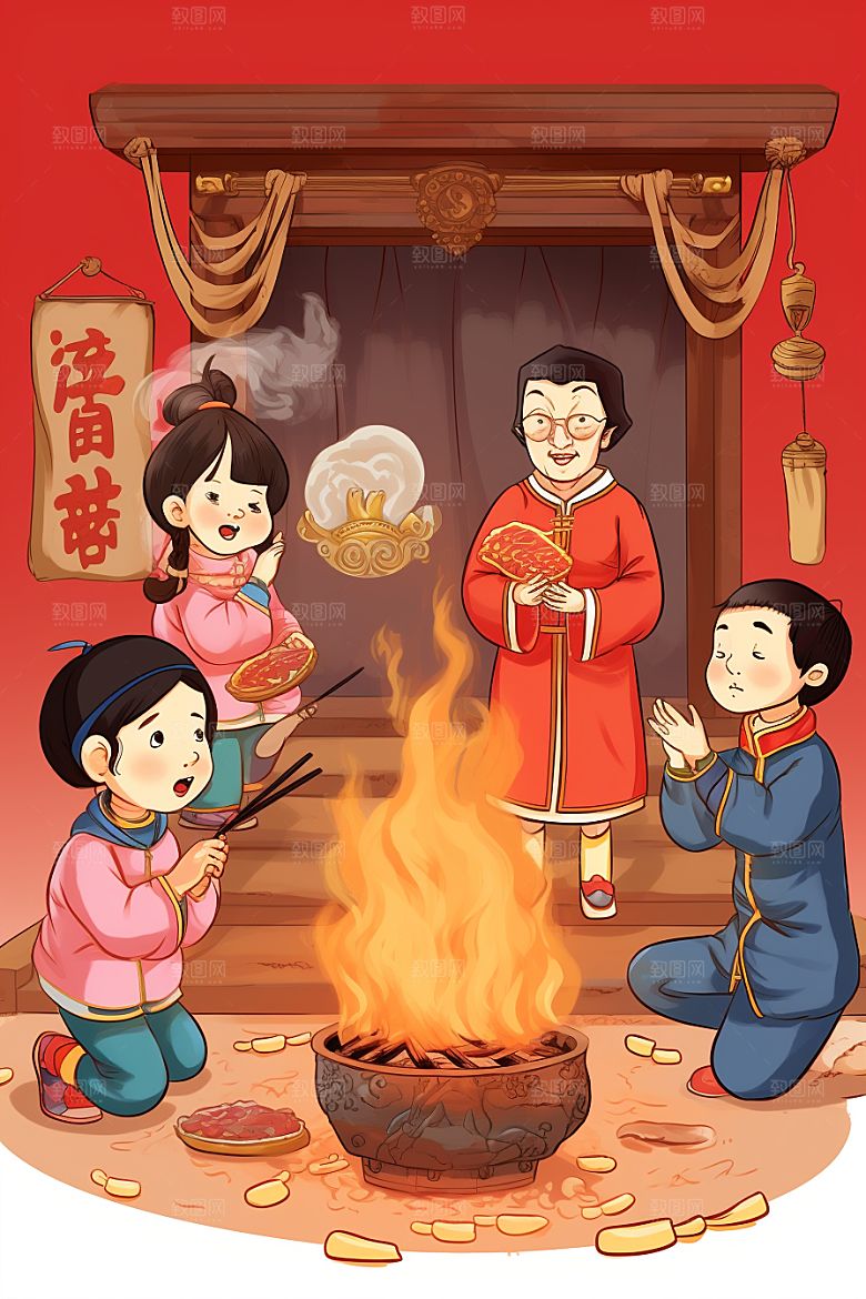 新春迎灶王民俗红色插画