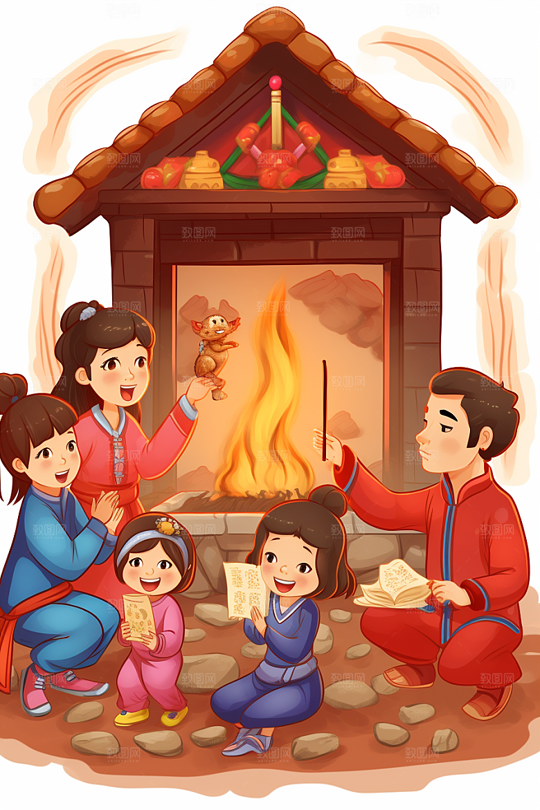 新春迎灶王春节小年插画