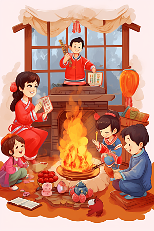 新春迎灶王传统红色插画