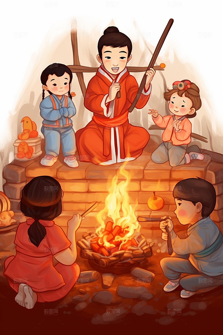 新春迎灶王春节喜庆插画