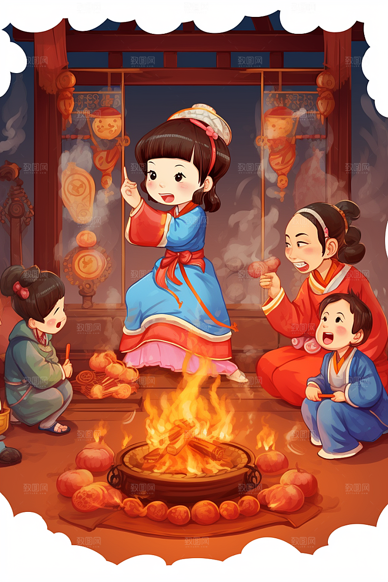 新春迎灶王小年传统插画