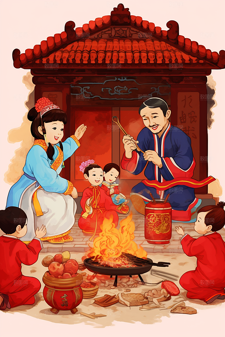 新春迎灶王小年喜庆插画