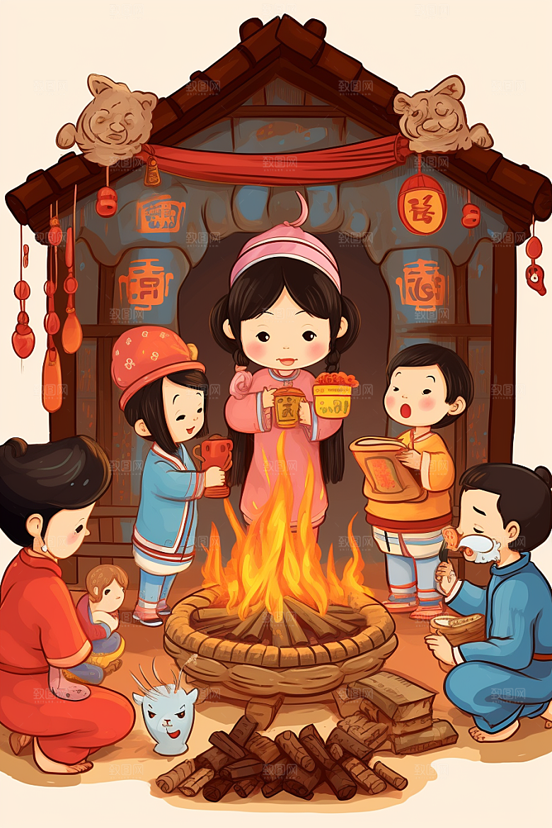 新春迎灶王中国风喜庆插画