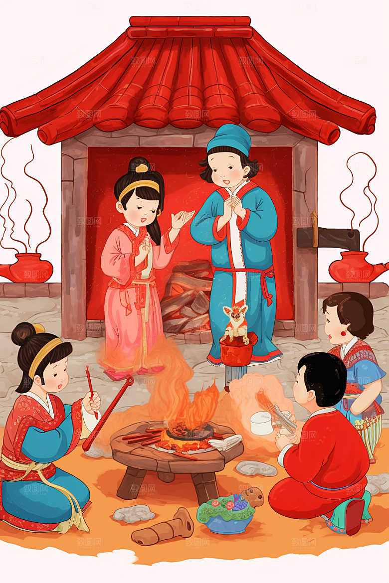 新春迎灶王春节红色插画