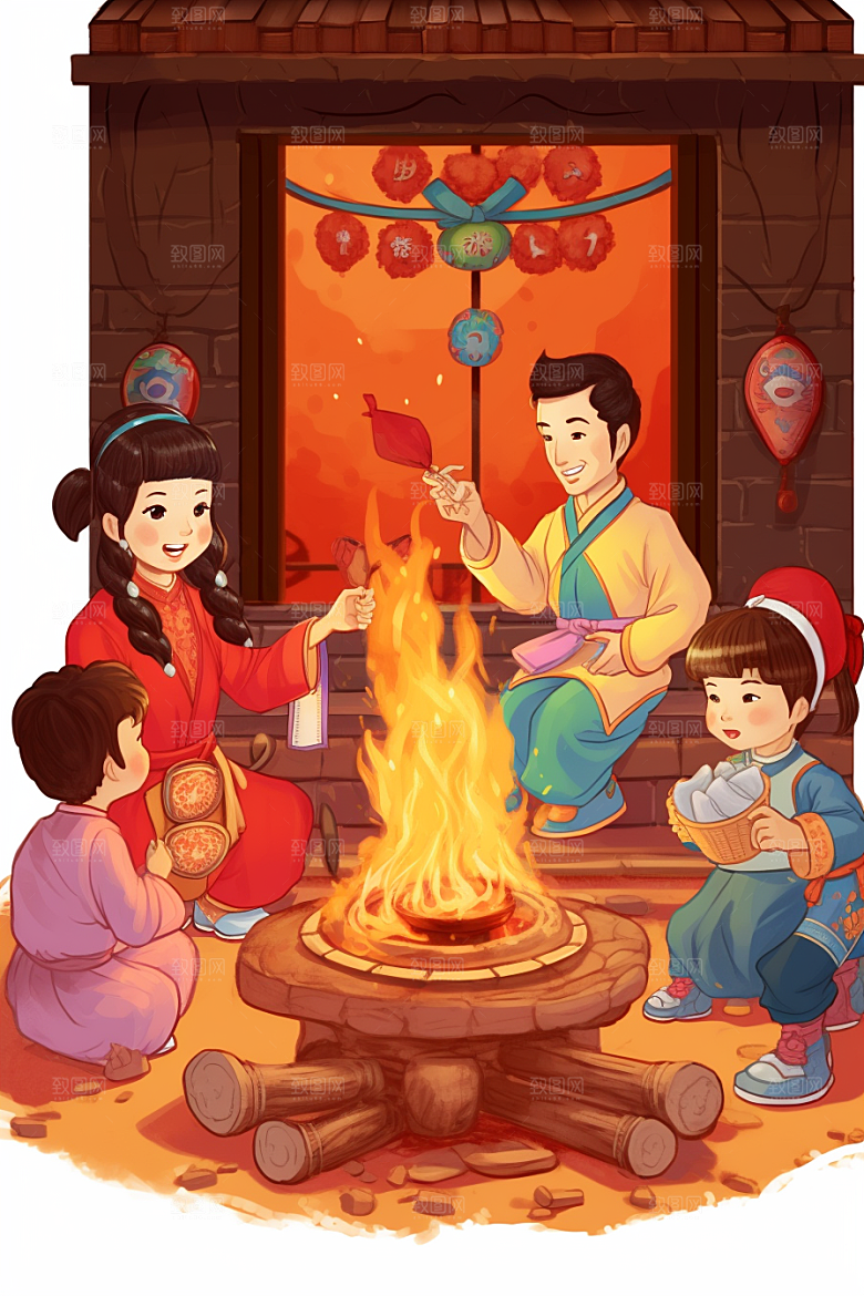 新春迎灶王传统小年插画
