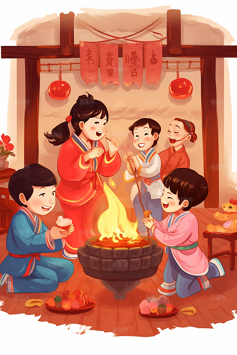 新春迎灶王小年春节插画