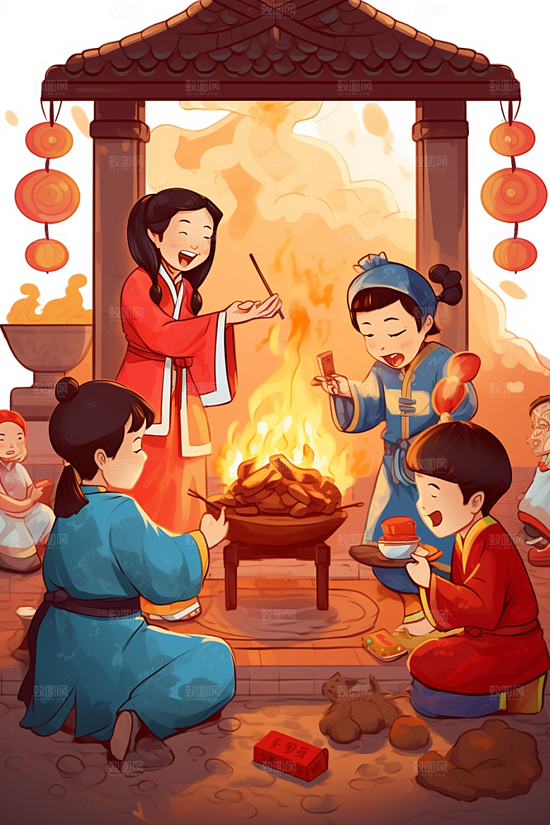 新春迎灶王春节民俗插画
