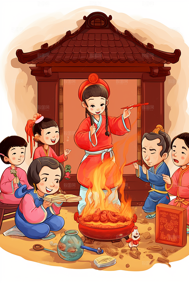 新春迎灶王春节小年插画