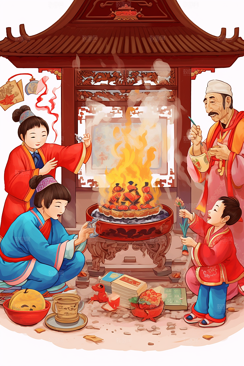 新春迎灶王中国风手绘插画