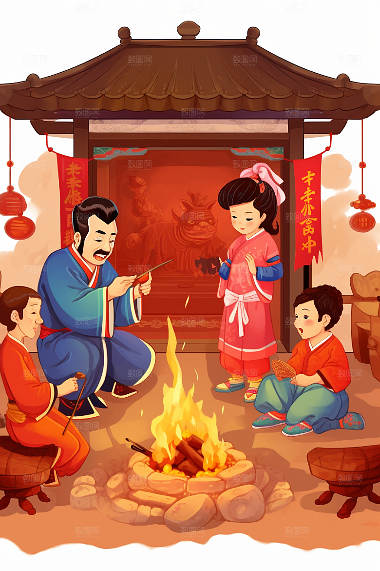 新春迎灶王喜庆传统插画