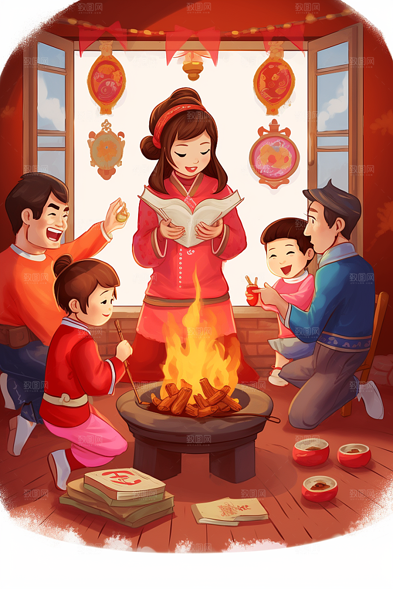 新春迎灶王传统春节插画