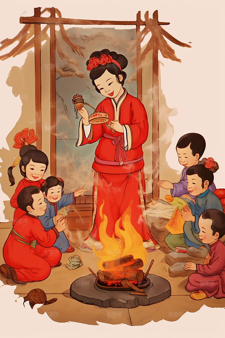 新春迎灶王手绘小年插画
