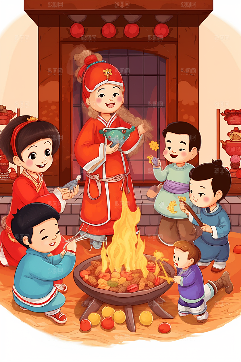 新春迎灶王新年春节插画