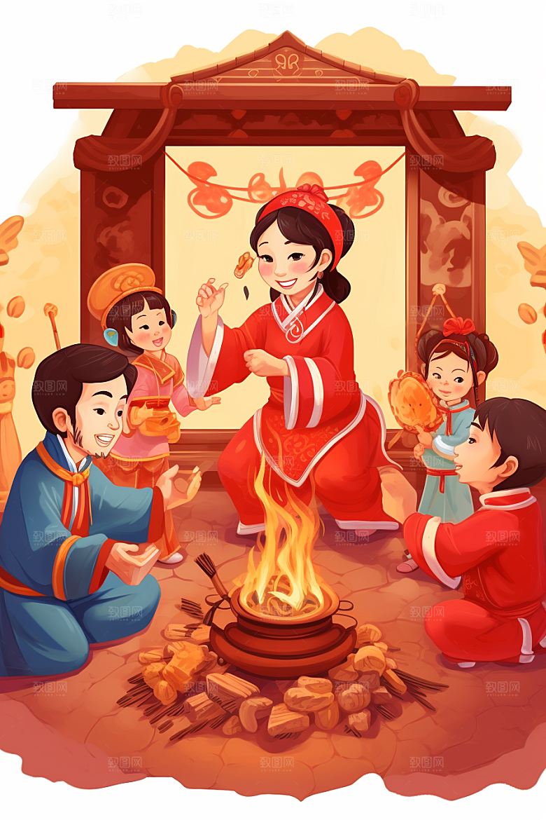 新春迎灶王春节新年插画
